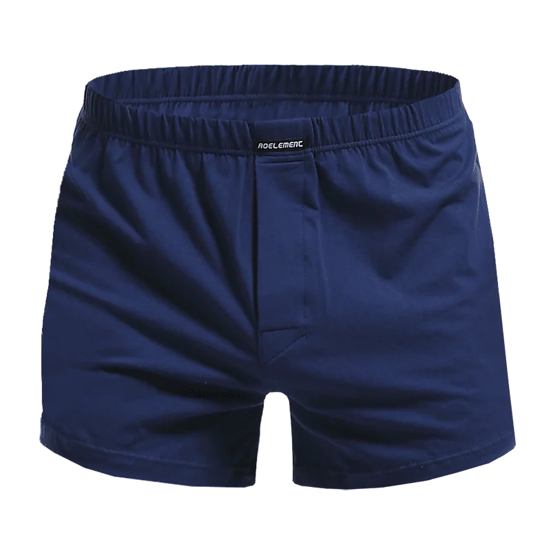 Cotton loose pyjama boxer shorts, dark blue, elastic waistband, front fly, logo tag