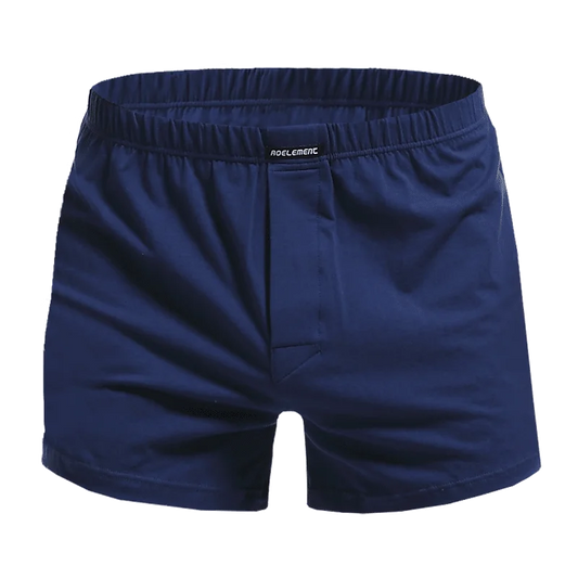 Cotton loose pyjama boxer shorts, dark blue, elastic waistband, front fly, logo tag