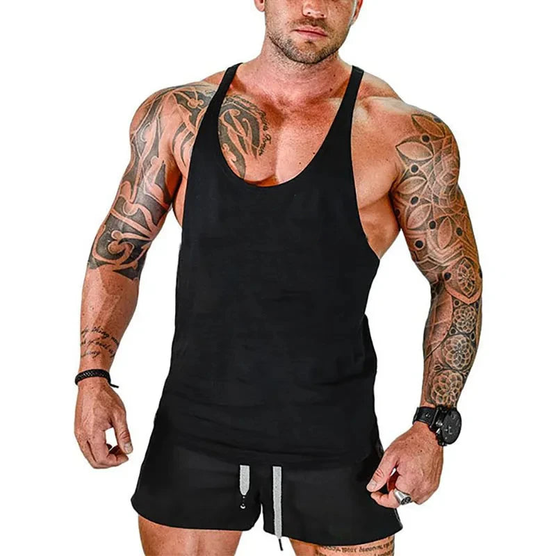 Gym stringer singlet, black, deep scoop neck and thin straps, no visible chest print