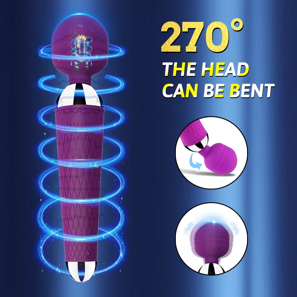 Purple rechargeable magic wand vibrator head bends; compact round tip on black handle