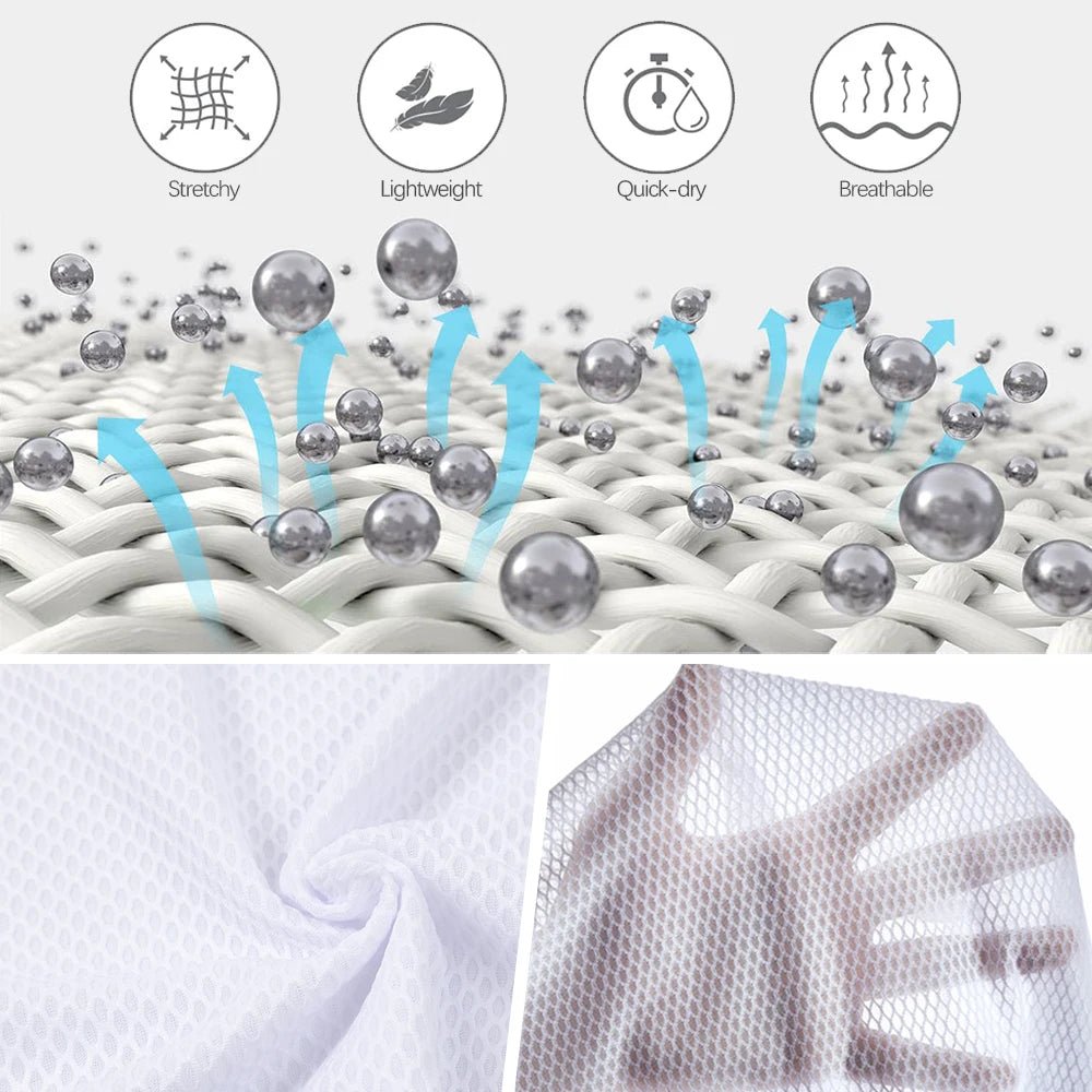 White breathable cycling mesh vest fabric with stretch and quick-dry icons