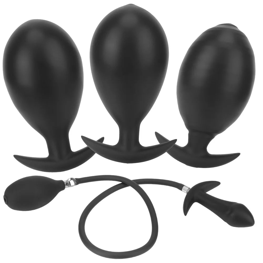 Set of inflatable anal plugs, matte black, curved bodies with flared base and pump hose