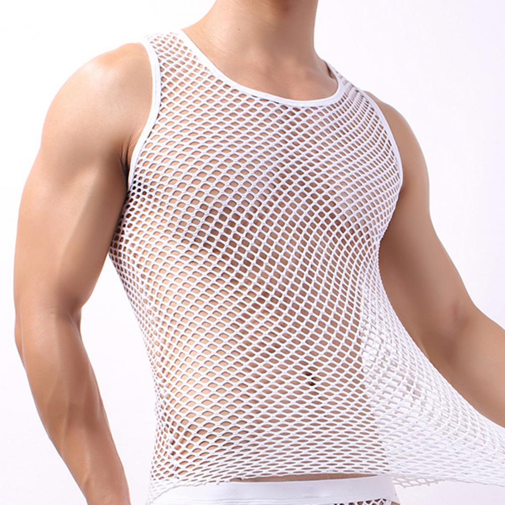 White sheer mesh long sleeve vest front view, round neckline and fishnet mesh pattern