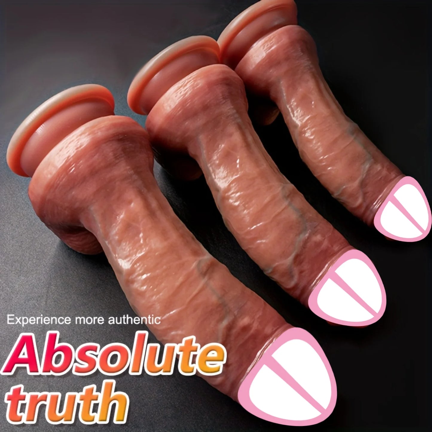 Set of three realistic large dildos in reddish-brown tones, curved tapered tips