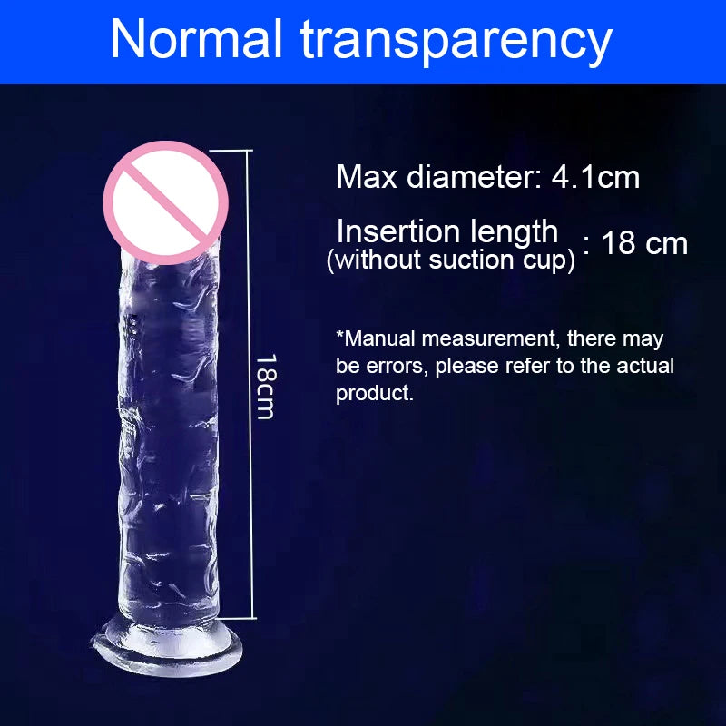Clear jelly dildo with suction cup; 4.1cm max diameter, 18cm insertion length