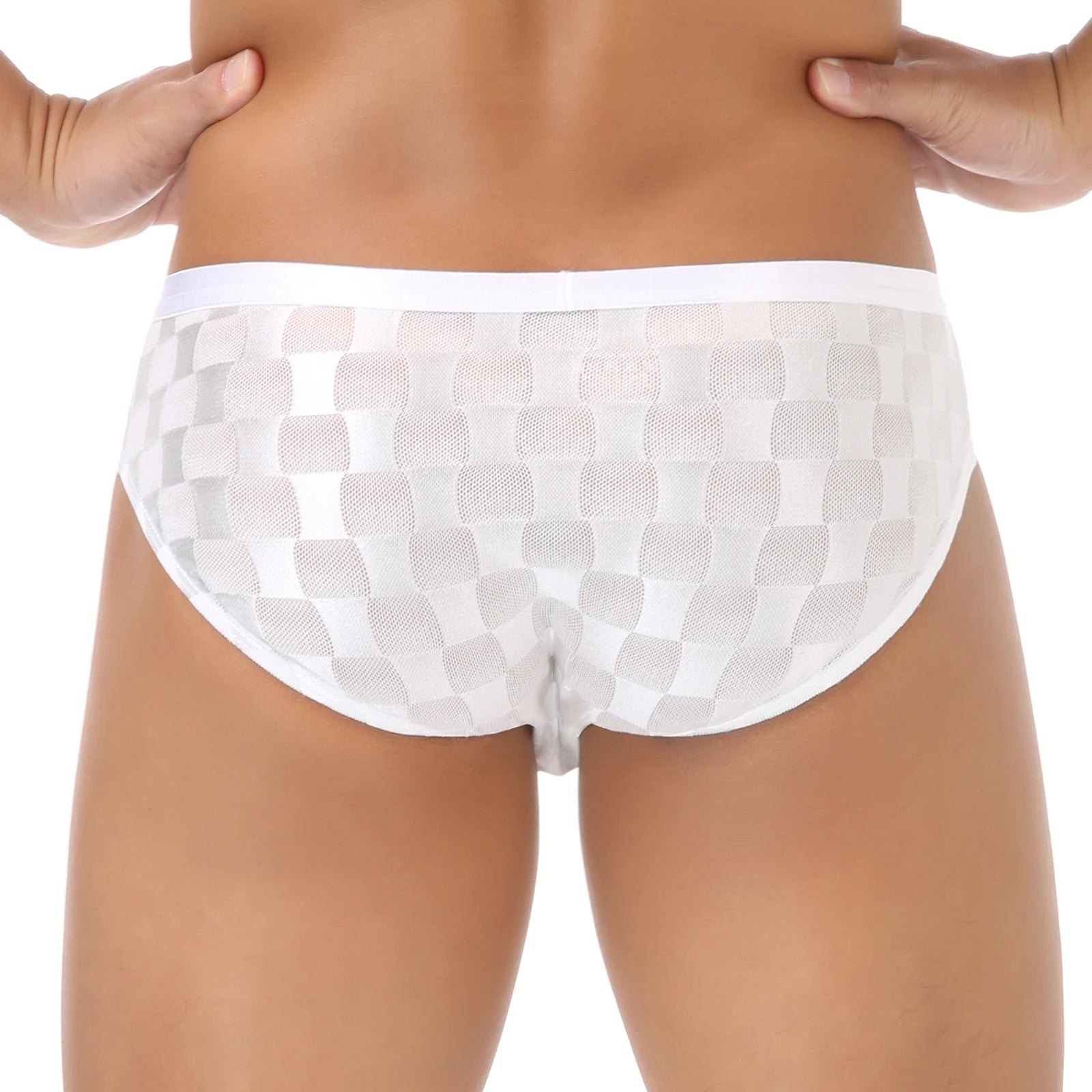 White checkered transparent mesh brief with elastic waistband and low-rise cut