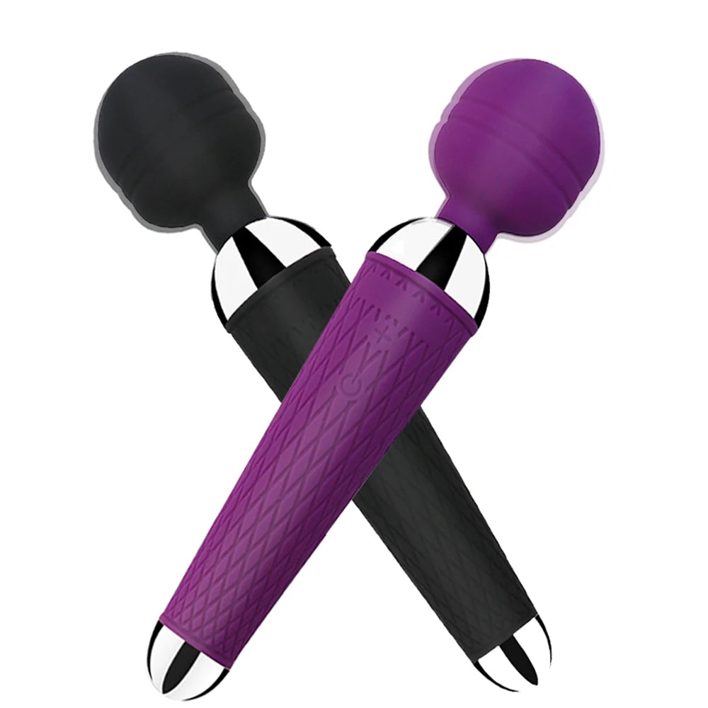 Rechargeable magic wand vibrator, purple handle with round head and black accents
