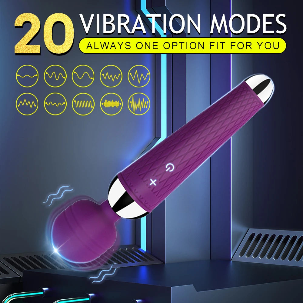 Purple rechargeable magic wand vibrator with textured grip and round vibrating head