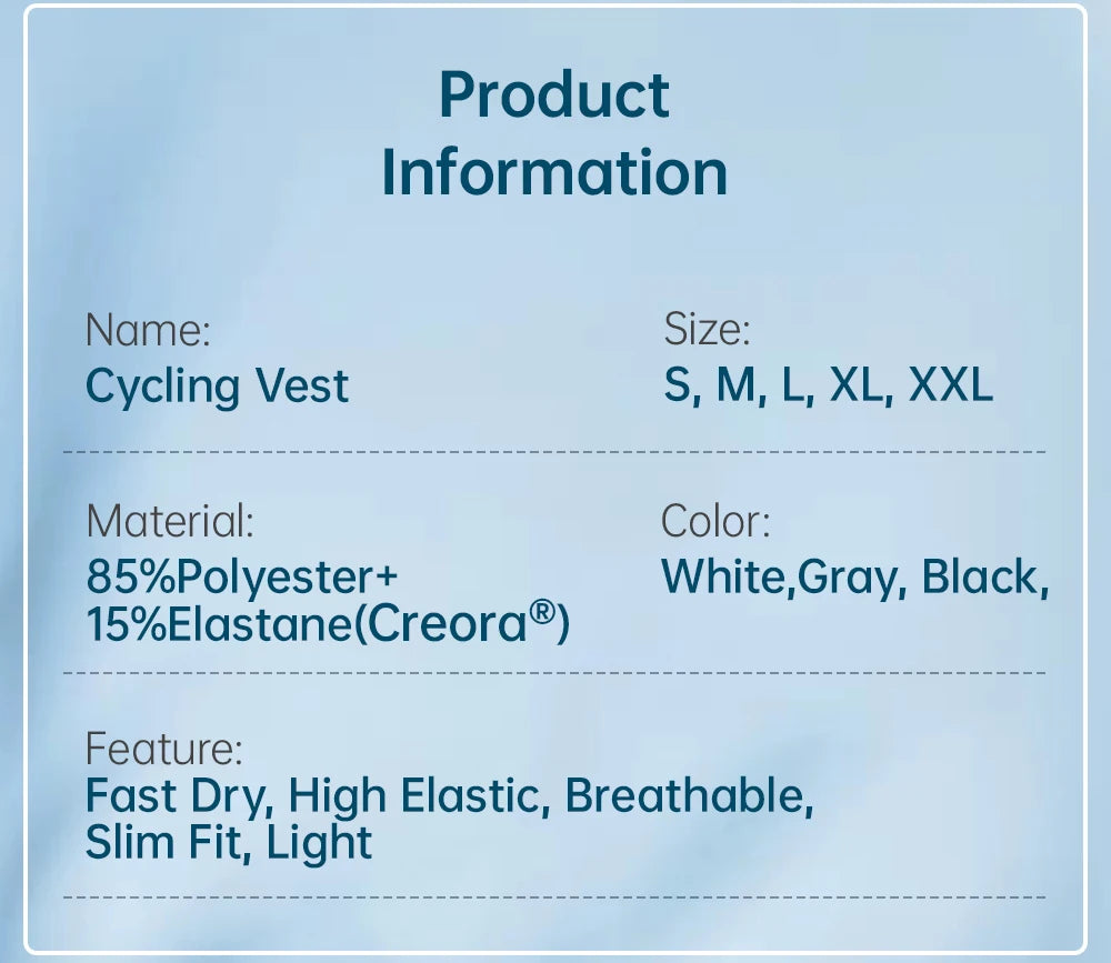 Product information for cycling vest: 85% polyester, 15% elastane color options