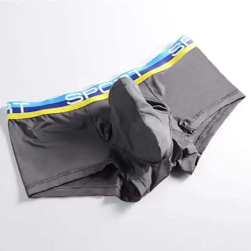 Deep gray ice silk brief with striped waistband and contoured pouch front