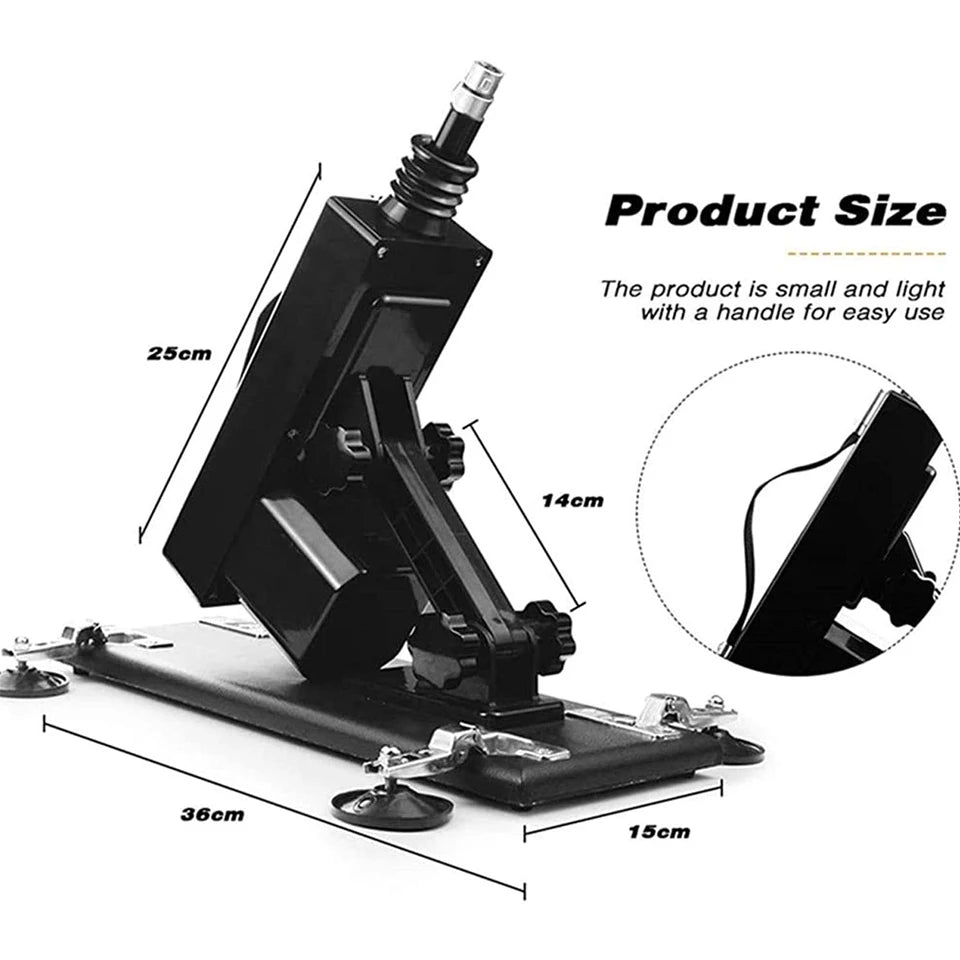 Black automatic thrusting sex machine on base with suction cups and extension rod