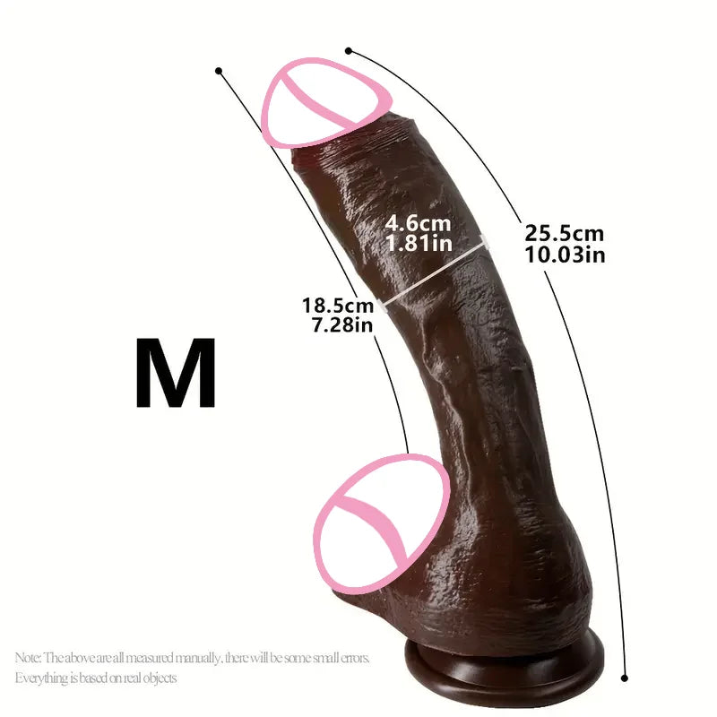 Oversized realistic dildo, M, dark brown/black tone, textured finish, curved.