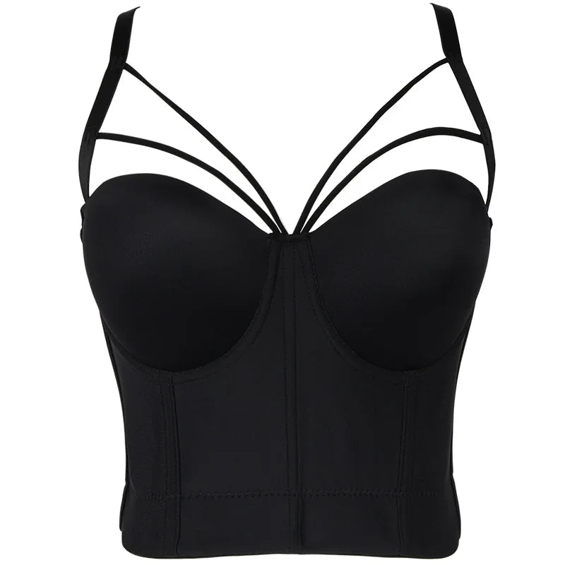 Black corset bustier bra with underwire cups, center seam, and adjustable shoulder straps