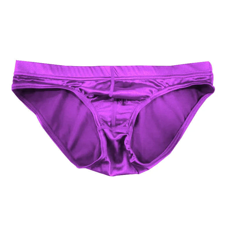 Bright purple satin silky brief with ruched front and wide elastic waistband
