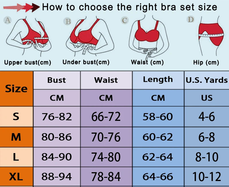 Bra set size chart showing bust, waist, length, and US yards ranges for S–XL