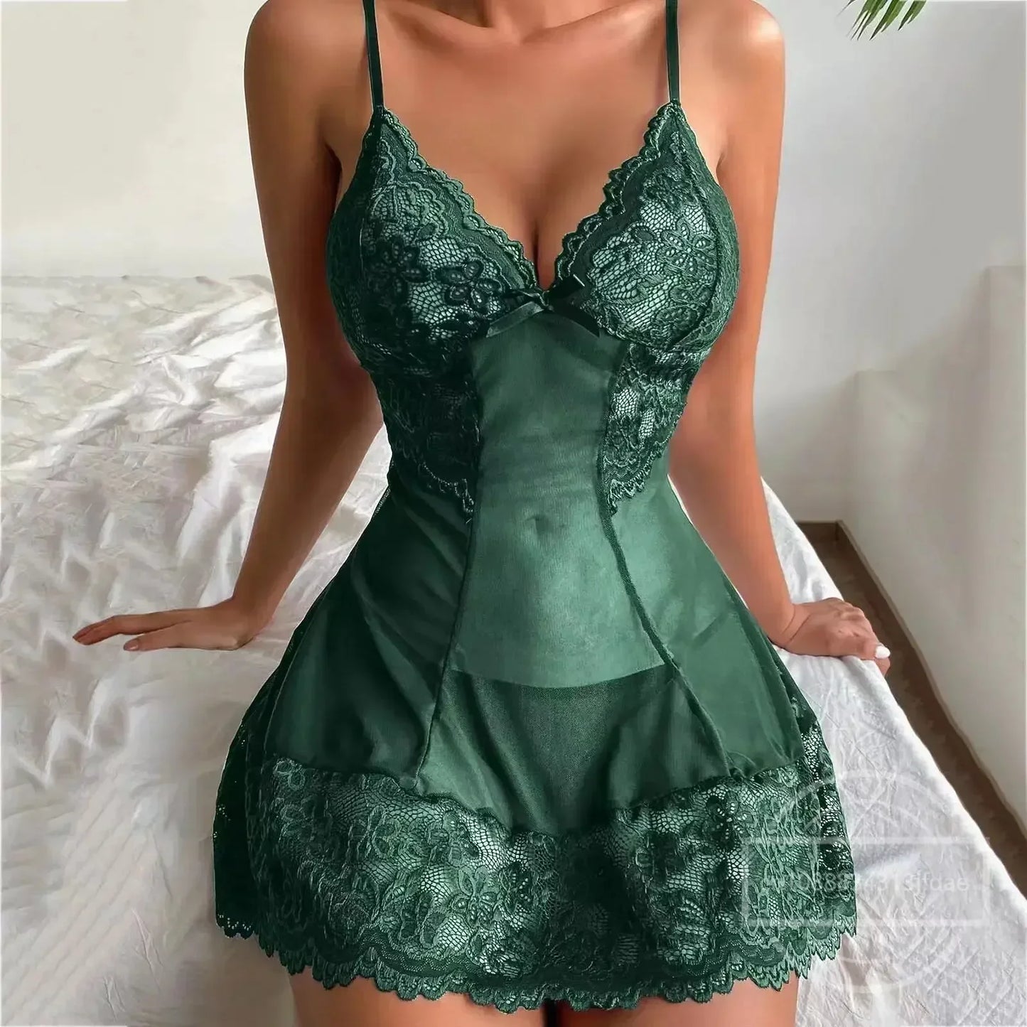 Green lace babydoll nightdress with lace cups and scalloped hem