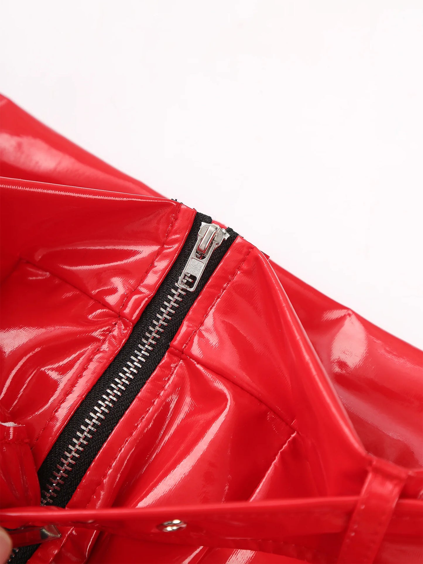 Red wet-look PVC boxer briefs with close-up front zipper and tab