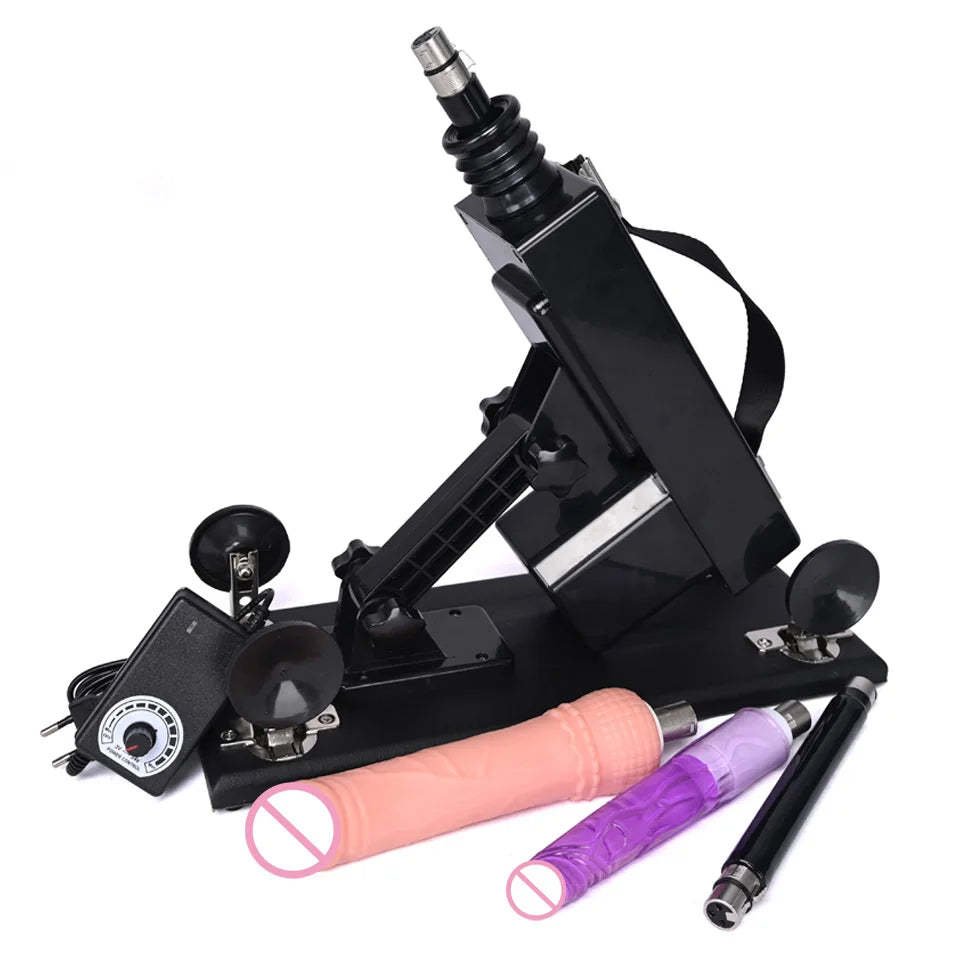 Automatic thrusting sex machine with black base and purple/flesh dildos, rods