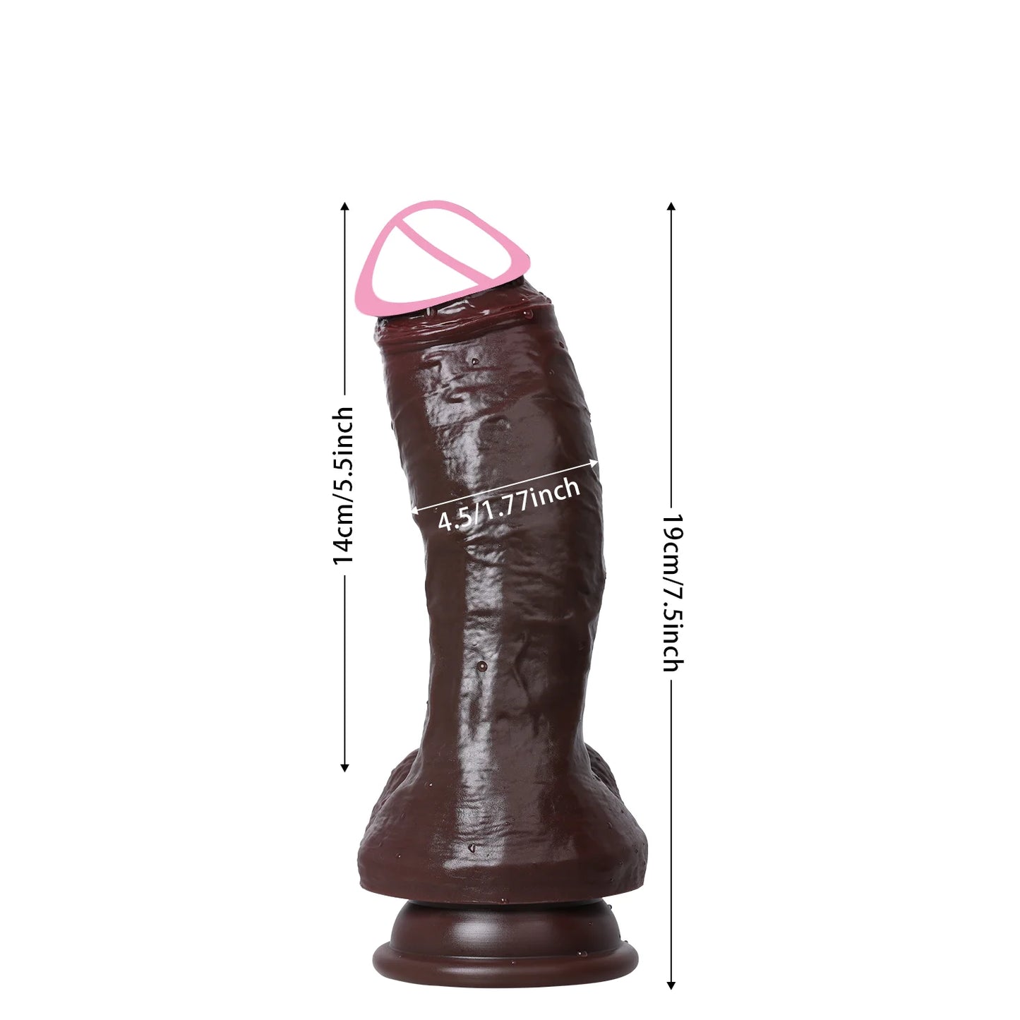 Realistic dark-brown dildo, flared base; size labels 19cm/7.5in and 14cm/5.5in
