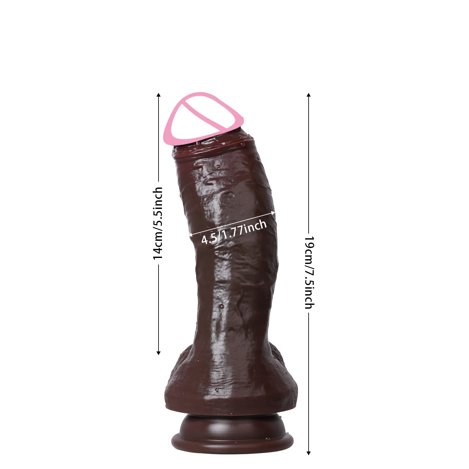 Realistic dark-brown dildo, flared base; size labels 19cm/7.5in and 14cm/5.5in