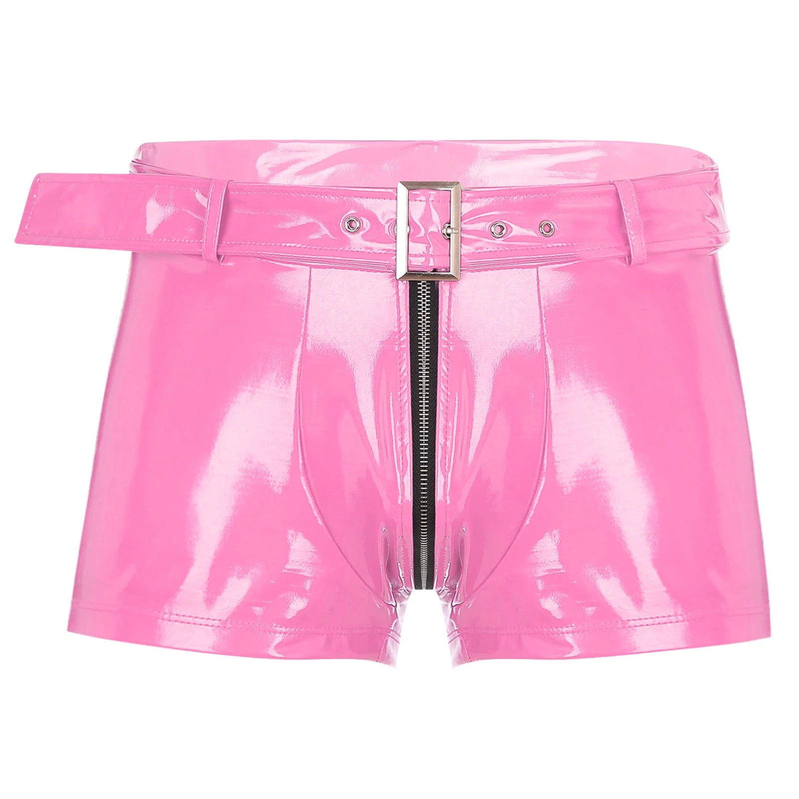 Pink wet-look PVC boxer briefs with front zipper and wide waistband