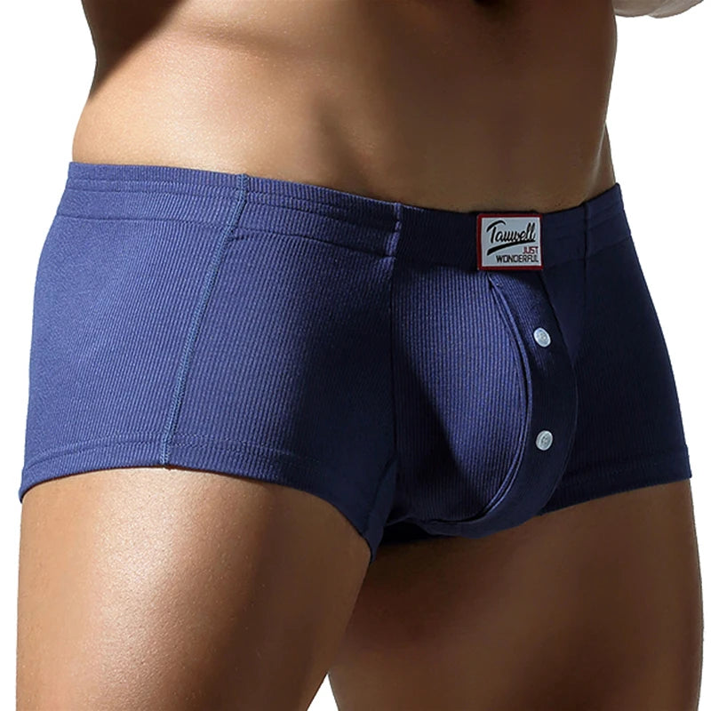 Dark blue slim-fit button-detail brief with front placket and 3 buttons