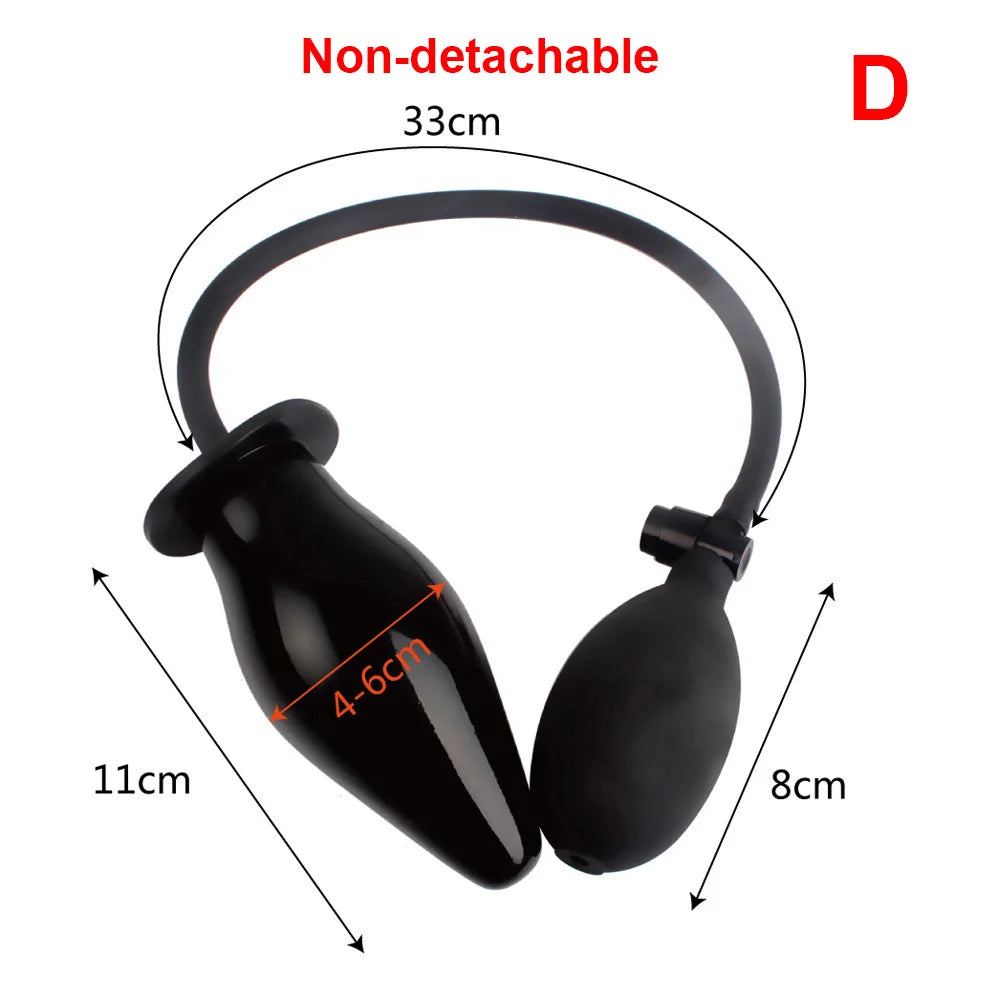 Black inflatable anal plug with 33cm loop harness; labeled 11cm and 8cm sizes
