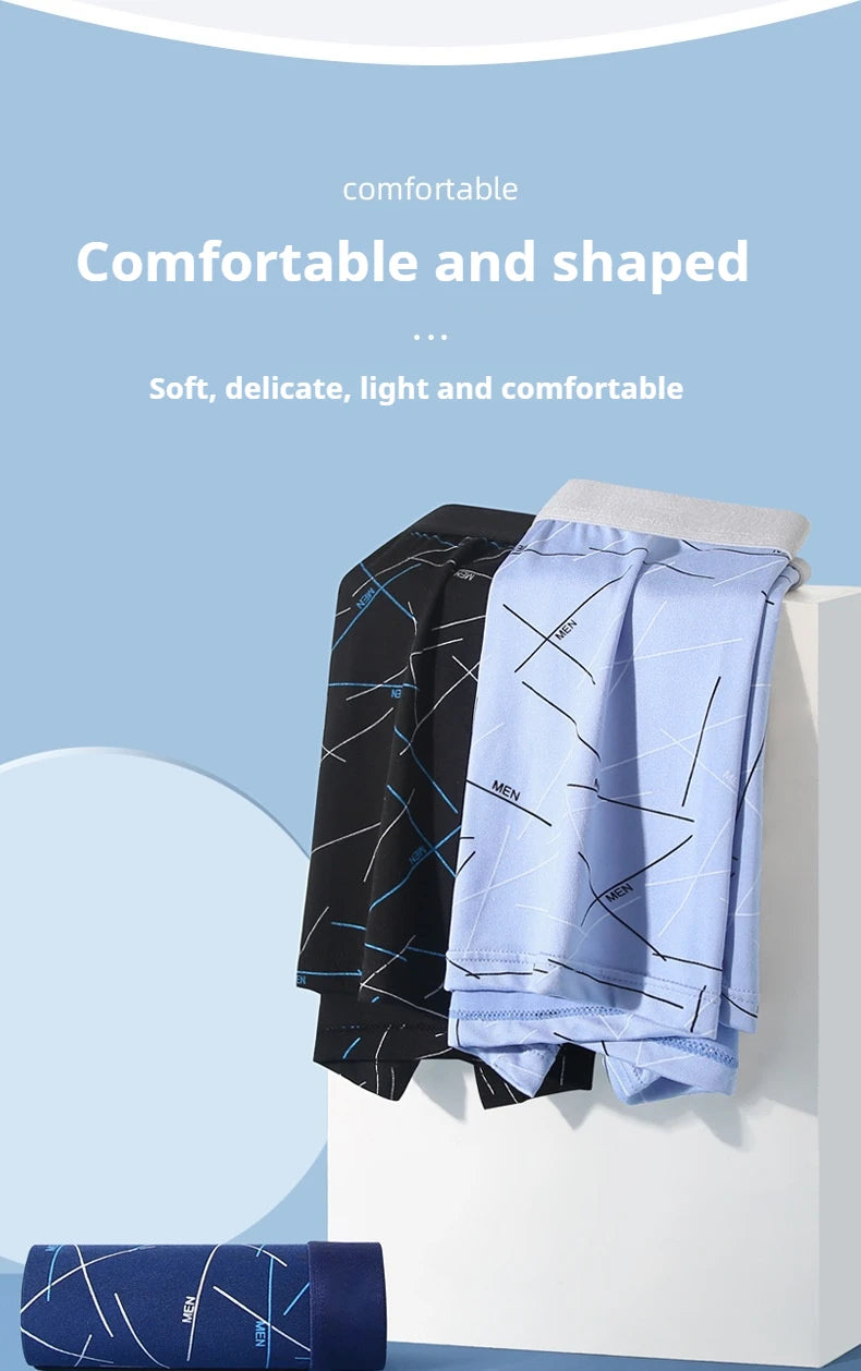 Men’s stretch trunk shorts, 6-pack, folded with black/white/blue prints