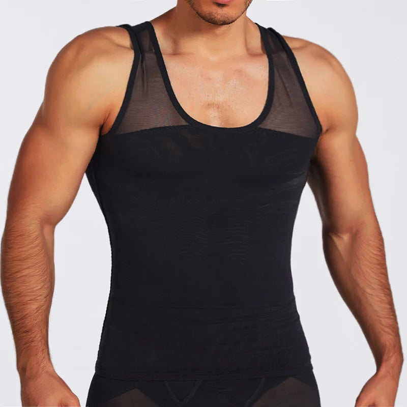 Black compression shapewear vest with mesh neckline panel