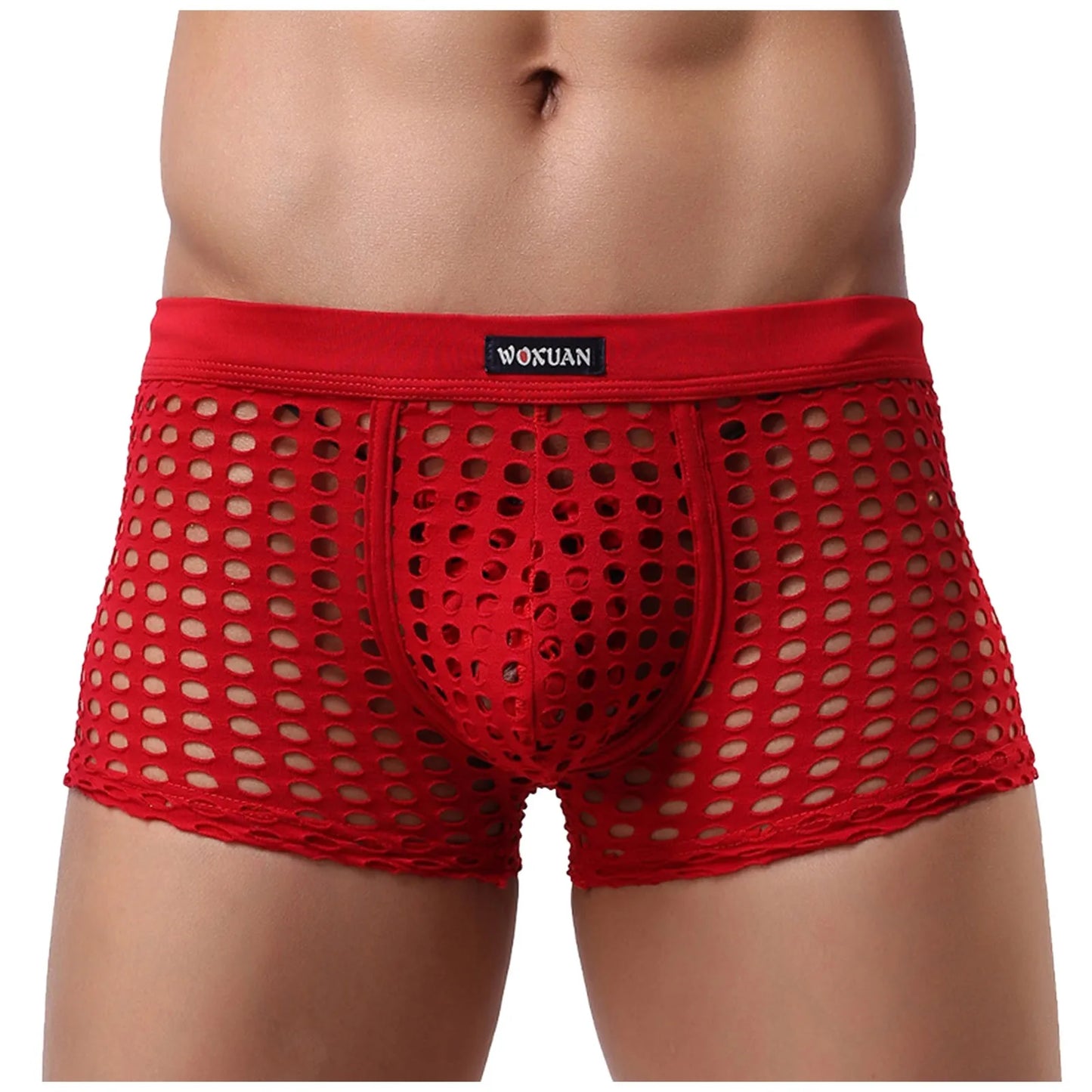 Open-mesh cutout boxer shorts, red, perforated cutout fabric and pouch front.