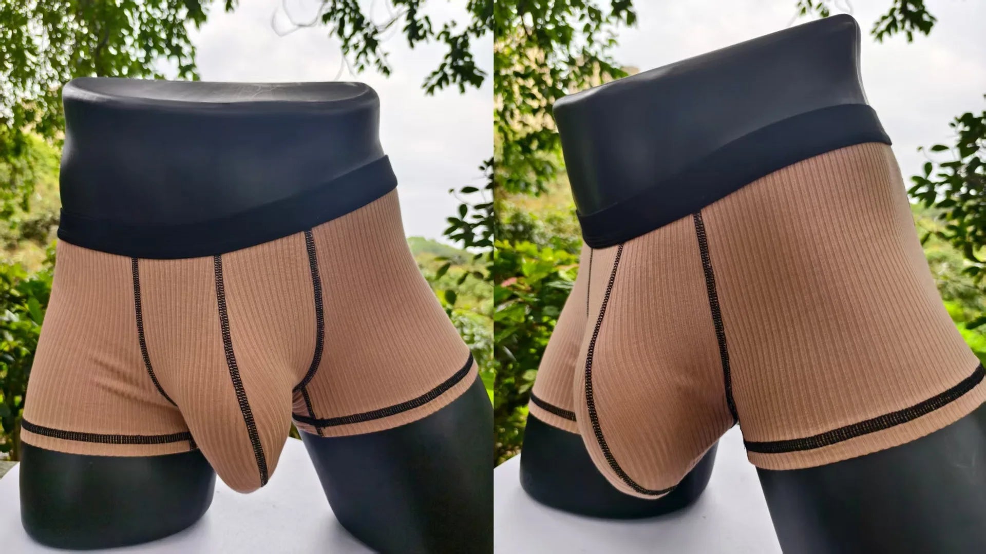 Khaki boxer shorts shown from front and side, wide black waistband with contrast trim