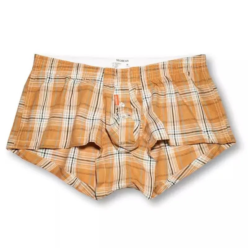 Orange plaid cotton boxer briefs with elastic waistband and fly front, 1-piece