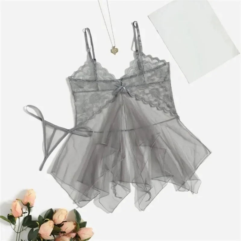 Grey sheer tulle lace babydoll set with bow front, layered mesh skirt and panty ties