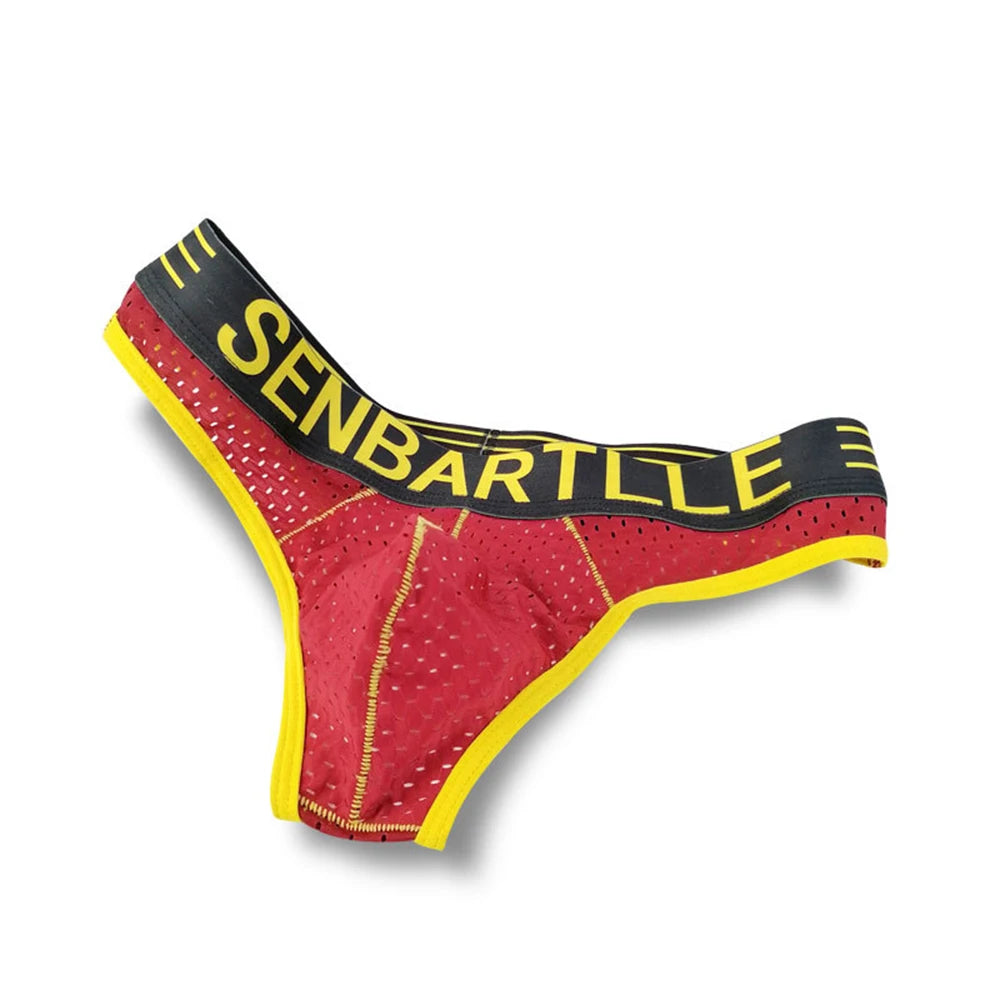 Red mesh U-pouch brief with yellow trim, SENBARTLE letter logo on waistband