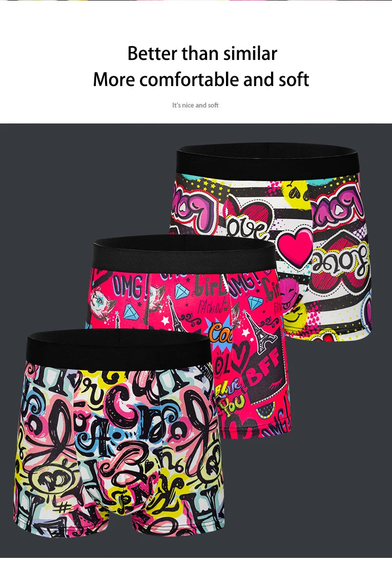 3 printed boxer shorts in multicolor graphic patterns with black waistbands