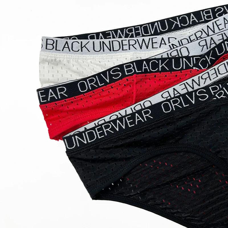 Sheer mesh pouch brief in black, red, and white—logo elastic waistband