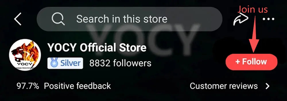 YOCY Official Store page header with search bar and follow button