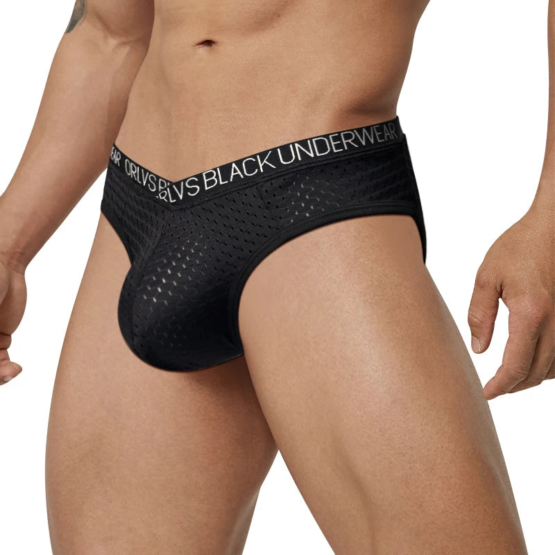 Black sheer mesh pouch brief with black logo waistband and contoured pouch