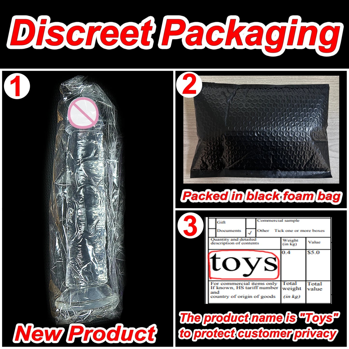 Packaged transparent jelly sex toy in clear wrap with suction base (discreet bag)
