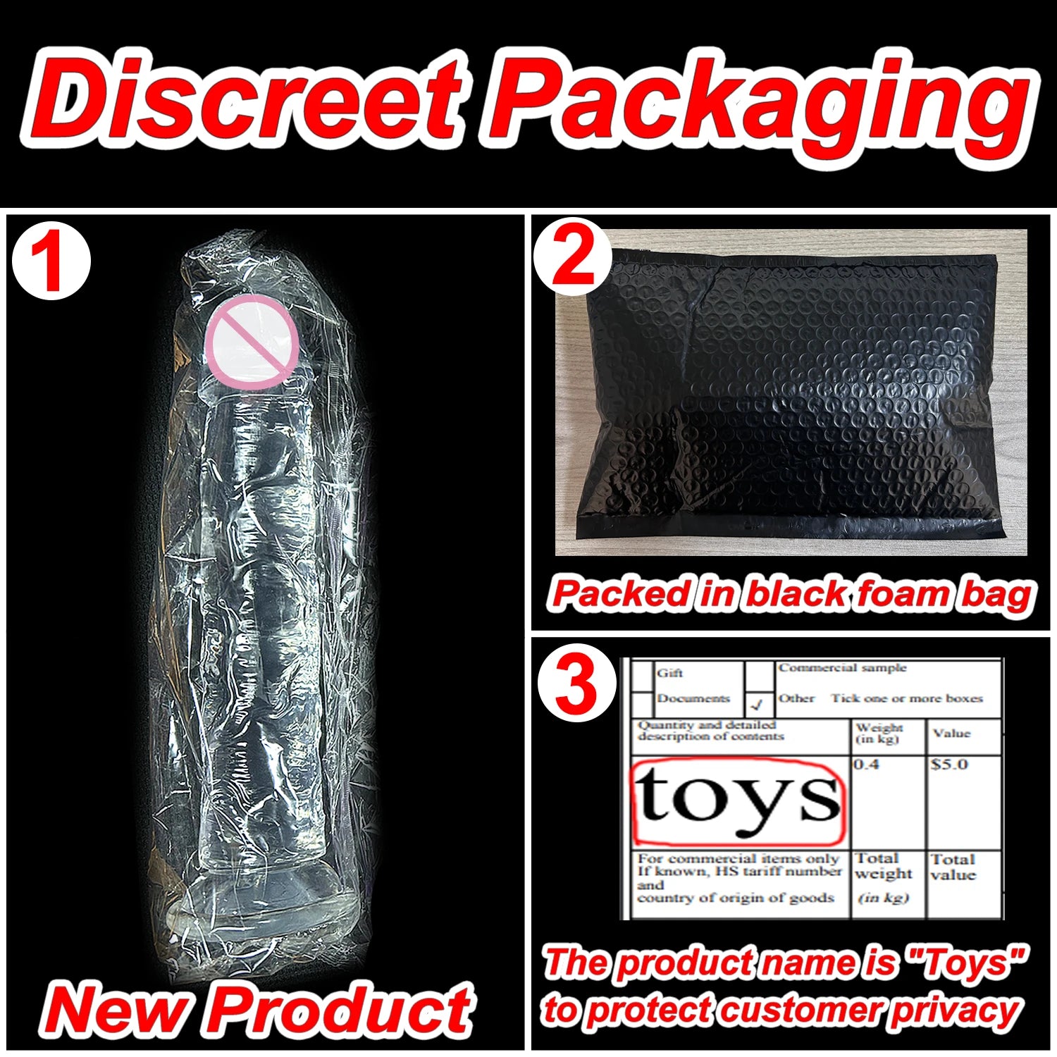 Packaged transparent jelly sex toy in clear wrap with suction base (discreet bag)