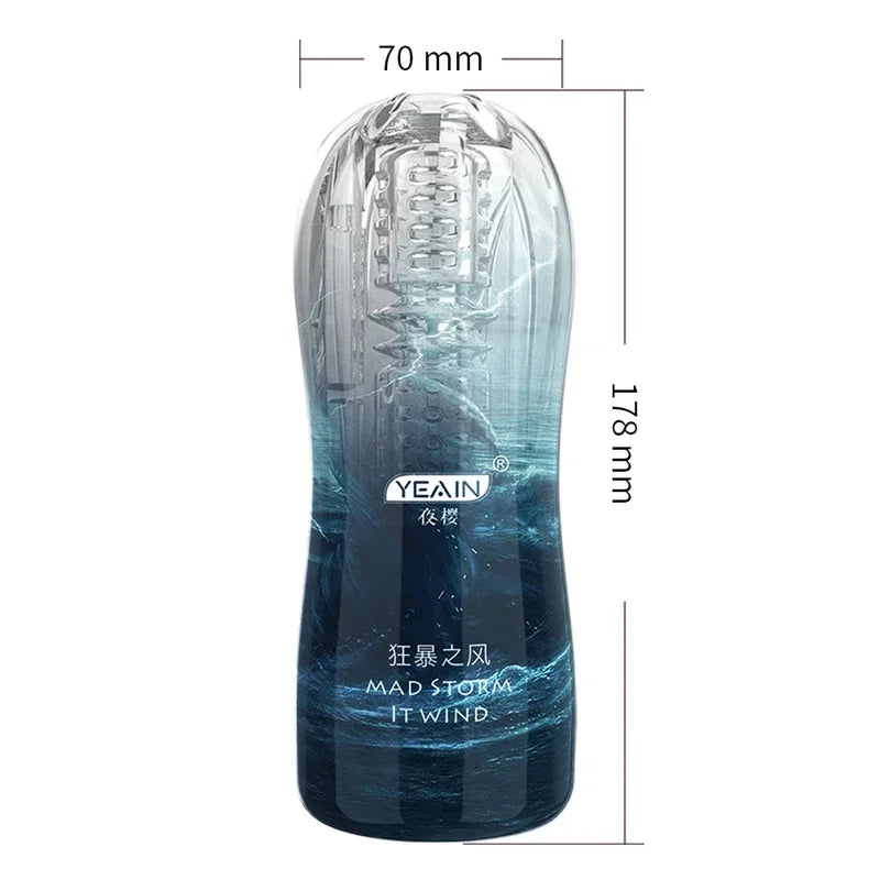 Blue vibrating stroker cup with translucent ribbed interior, shown with measurements