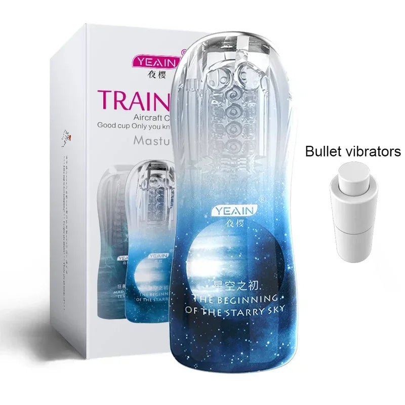 Vibrating stroker cup with translucent blue body, included small cup, and base