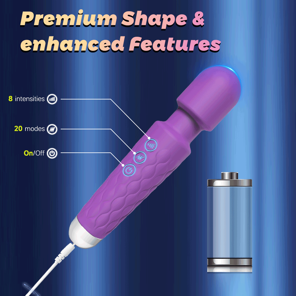 Purple magic wand vibrator with textured surface, multiple mode buttons, and white accent base