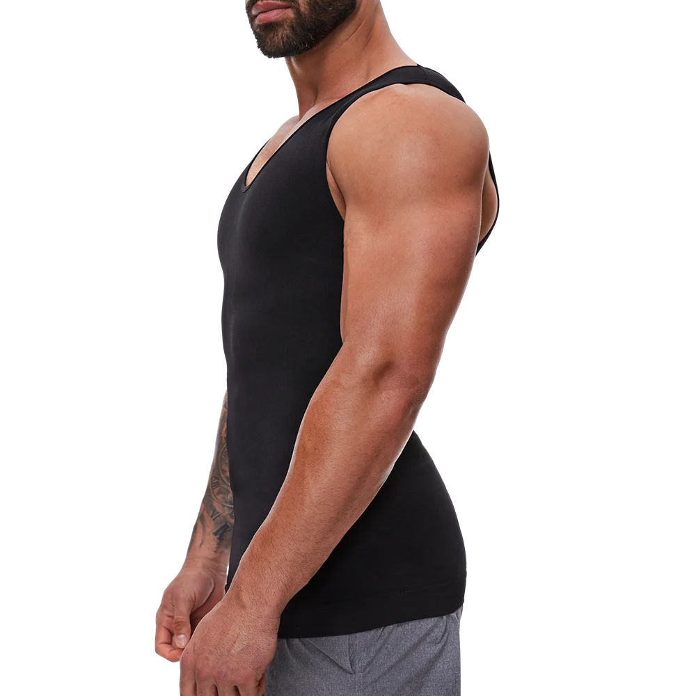 Black sleeveless shaping vest with scoop neck, side profile view