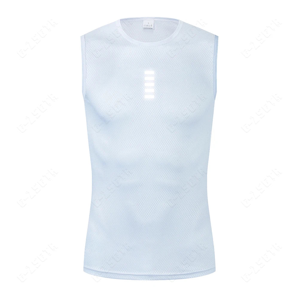 White reflective cycling base layer vest, sleeveless front with vertical stripe graphic