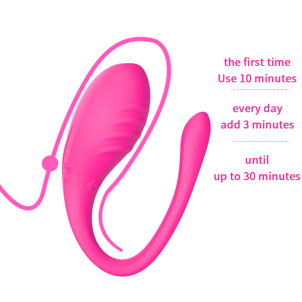 Pink G-spot Bluetooth vibrator and charging cable, use-time instructions on graphic