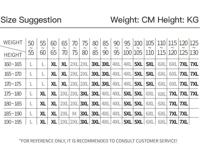 Size suggestion chart with weight and height ranges, mapping to garment sizes