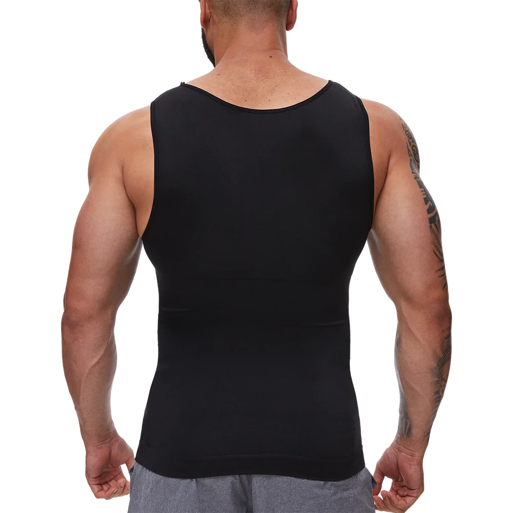 Black men's tummy control vest, scoop neck sleeveless back view