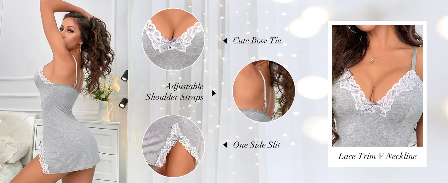 Gray lace-trim babydoll chemise with V neckline and white lace shoulder straps