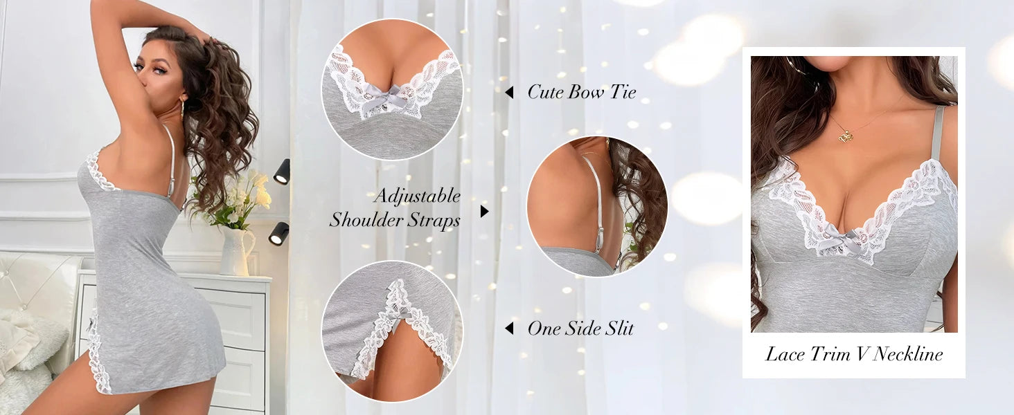 Gray lace-trim babydoll chemise with V neckline and white lace shoulder straps